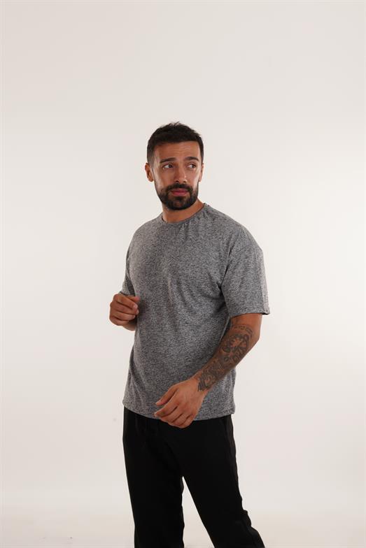 Siyah Hırçıl Desenli Bisiklet Yaka Oversize T-SHİRT VMS 30515