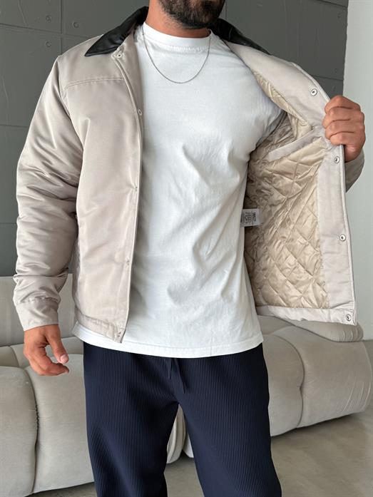 Bej Deri Yakalı Çıtçıtlı Mont SNZ M6323