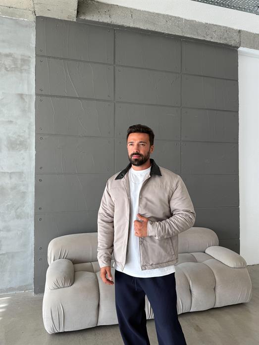 Bej Deri Yakalı Çıtçıtlı Mont SNZ M6323