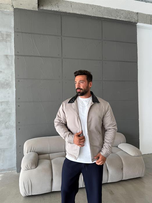 Bej Deri Yakalı Çıtçıtlı Mont SNZ M6323