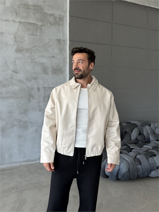 Bej Fermuarlı Lastikli Deri Ceket Boxy PLZ 27201