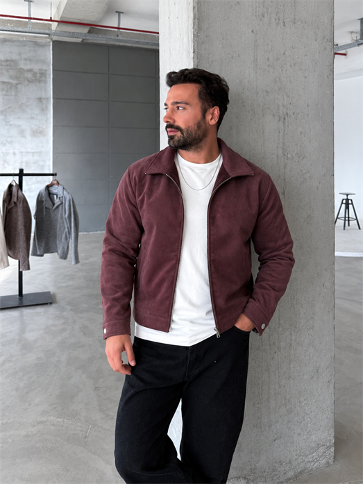 Bordo Tam Fermuarlı Süet Ceket OTN 79032