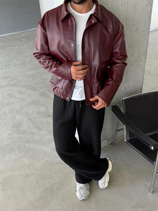 CEKETBordo Yakalı Dik Cep Kapaklı Ribanalı  Deri Ceket SC