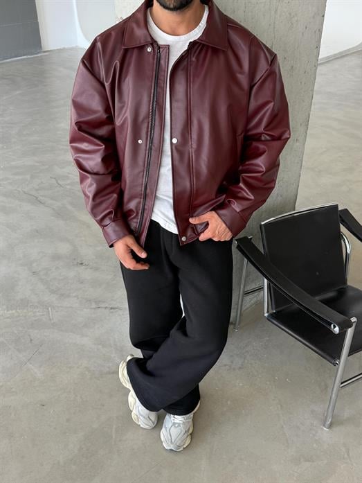 CEKETBordo Yakalı Lastikli Boxy Deri Ceket SC