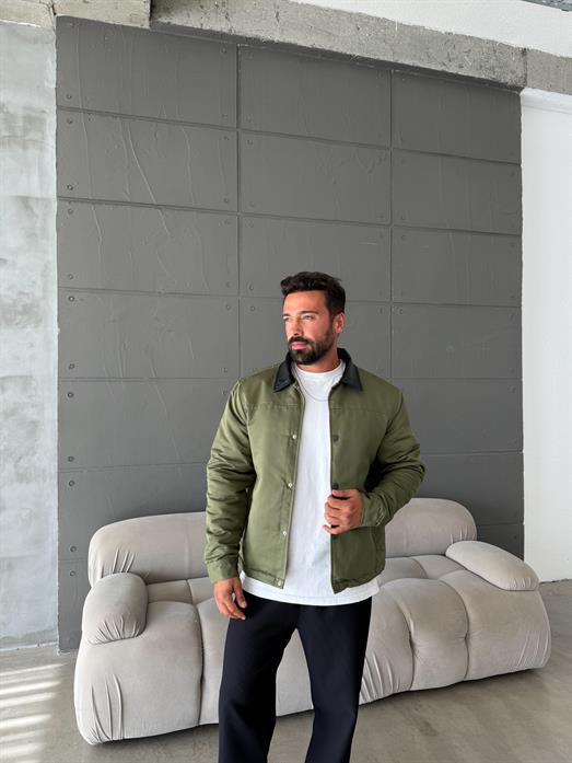 Haki Deri Yakalı Çıtçıtlı Mont SNZ M6323