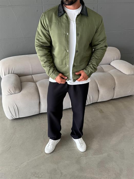 Haki Deri Yakalı Çıtçıtlı Mont SNZ M6323