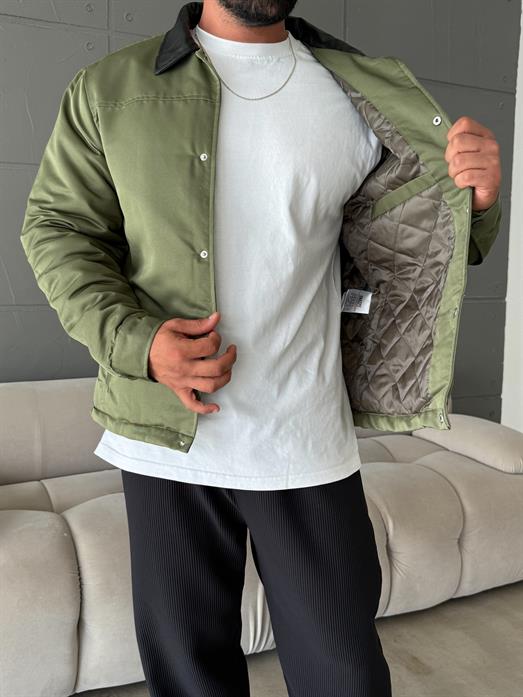 Haki Deri Yakalı Çıtçıtlı Mont SNZ M6323