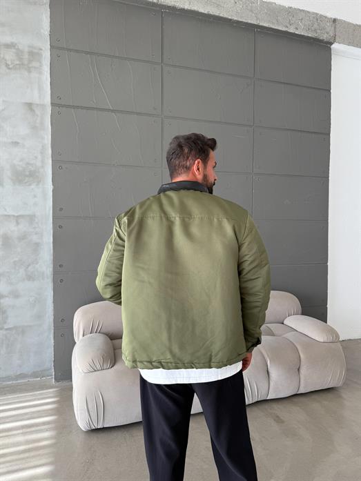 Haki Deri Yakalı Çıtçıtlı Mont SNZ M6323