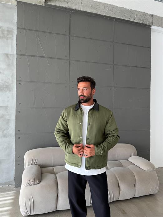 Haki Deri Yakalı Çıtçıtlı Mont SNZ M6323