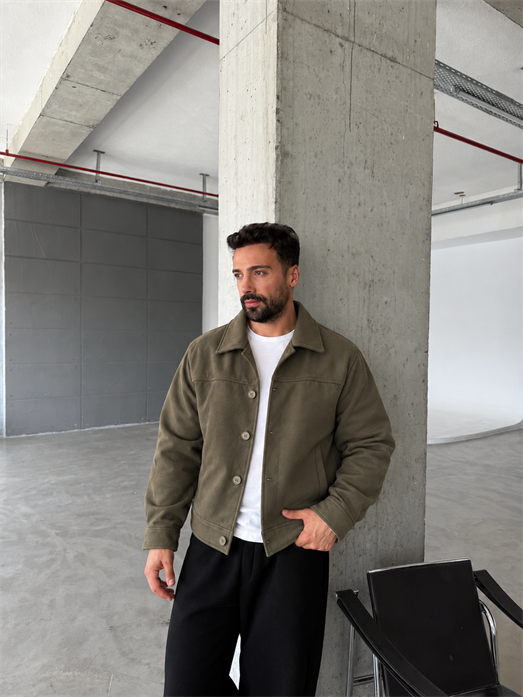 Haki Düğme Detaylı Boxy Süet Ceket PNC 5087