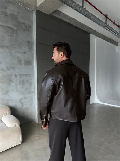 Kahve Boxy Düğmeli Deri Ceket PLZ 27203