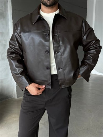 Kahve Boxy Düğmeli Deri Ceket PLZ 27203