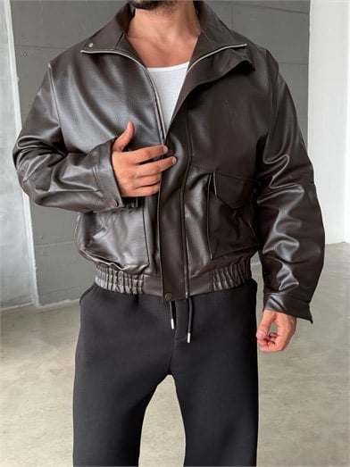 Kahve Çıtçıtlı Ön Cepli Boxy Deri Ceket FP