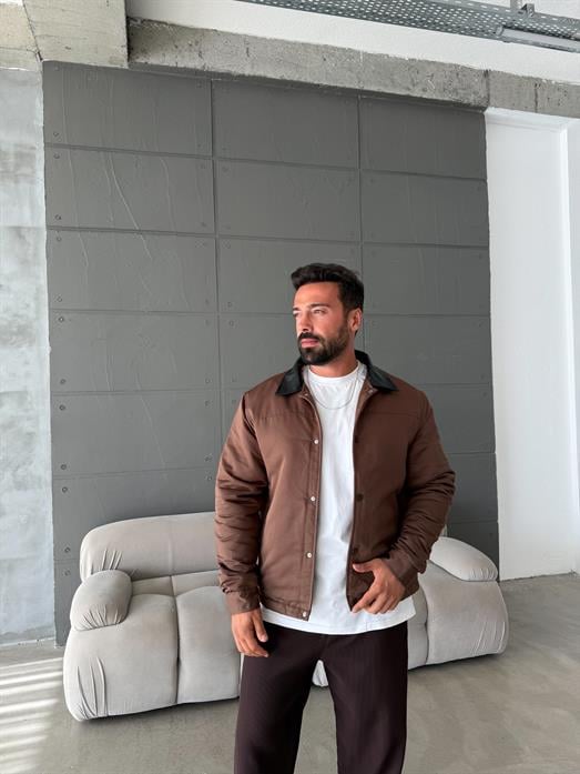 Kahve Deri Yakalı Çıtçıtlı Mont SNZ M6323