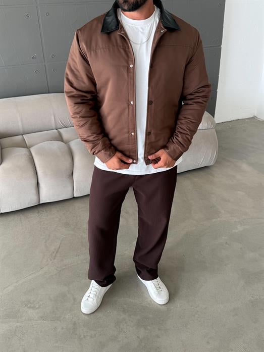 Kahve Deri Yakalı Çıtçıtlı Mont SNZ M6323