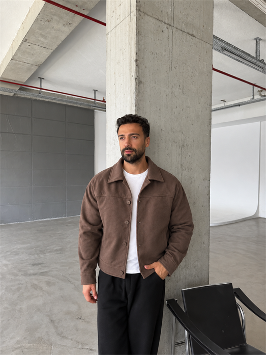 Kahve Düğme Detaylı Boxy Süet Ceket PNC 5087