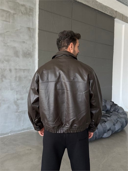 Kahve Fermuarlı Lastikli Deri Ceket Boxy PLZ 27201