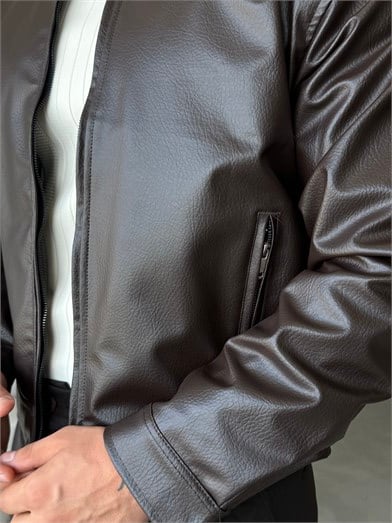 Kahve Full Fermuarlı Desenli Boxy Deri Ceket FP