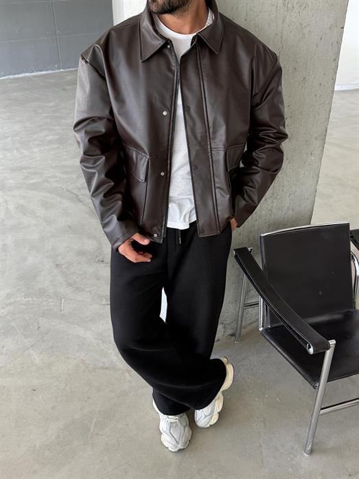 CEKETKahve Yakalı Dik Cep Kapaklı Ribanalı  Deri Ceket SC