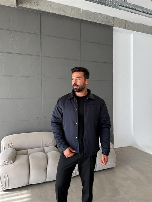 Lacivert Deri Yakalı Çıtçıtlı Mont SNZ M6323