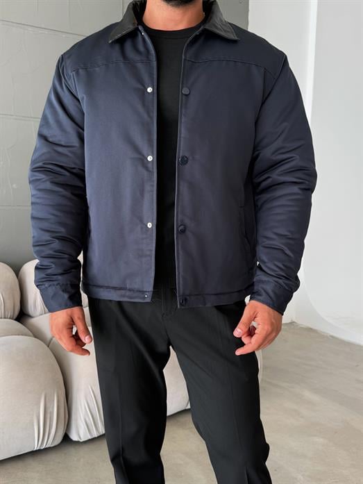 Lacivert Deri Yakalı Çıtçıtlı Mont SNZ M6323