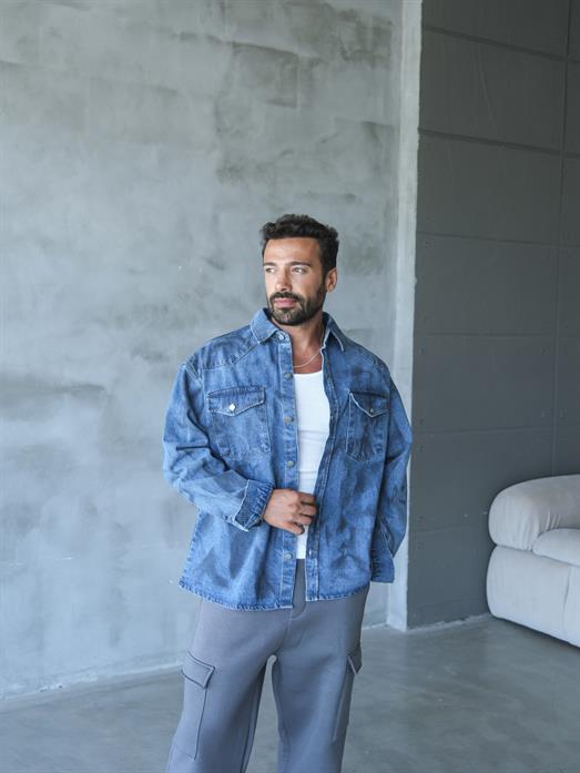 CEKETLacivert Yıkamalı Düğmeli Göğüs Cepli Kot Ceket VS4007