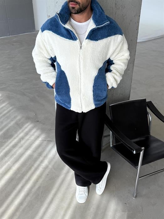 CEKETMAVİ BEYAZ Dik Yaka Mavi Beyaz Peluş Ceket LNS