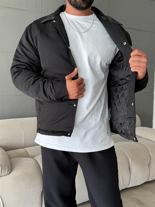 Siyah Deri Yakalı Çıtçıtlı Mont SNZ M6323