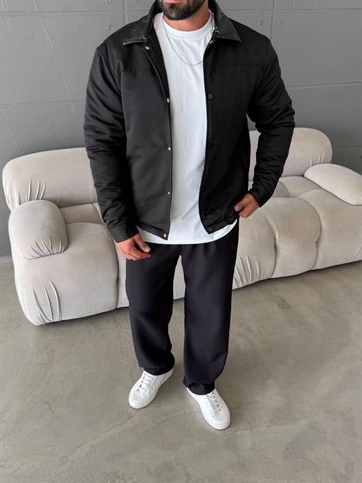 Siyah Deri Yakalı Çıtçıtlı Mont SNZ M6323