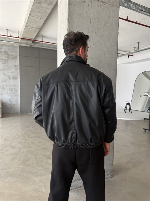 Siyah Dolumlu Bomber Boxy Deri Ceket ZG