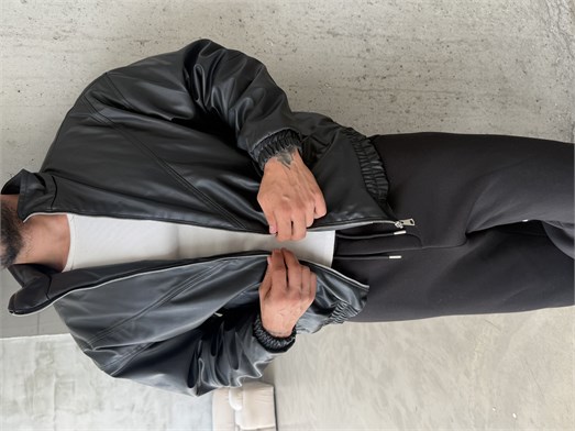 Siyah Dolumlu Bomber Boxy Deri Ceket ZG