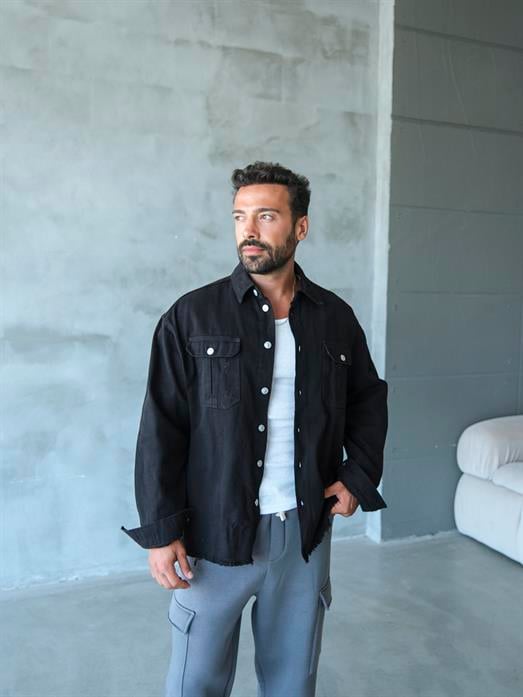 CEKETSiyah Göğüs Çift Cep Kapaklı Pis Kesim Kot Ceket VS4004