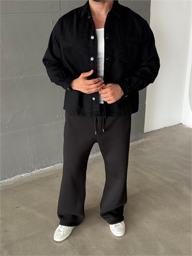 Siyah Kot Ceket Düğmeli Boxy SNZ J009