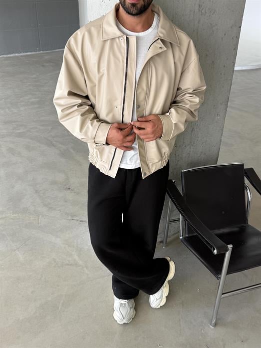 DERİ CEKETBej Yakalı Lastikli Boxy Deri Ceket SC