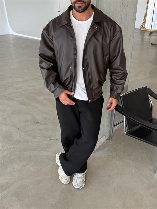 DERİ CEKETKahve Yakalı Lastikli Boxy Deri Ceket SC