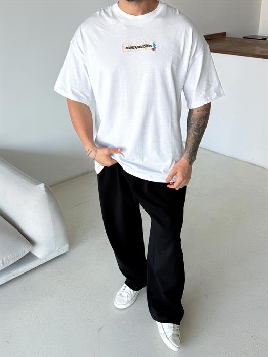 Beyaz Endless Nakışlı Oversize Tişört JJ