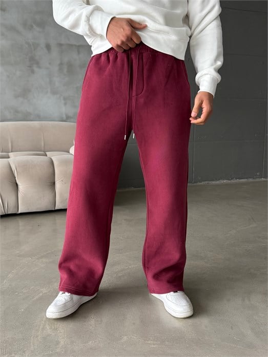 Bordo Cep Fermuarlı Yıkamalı Bol Eşofman BRR 100109