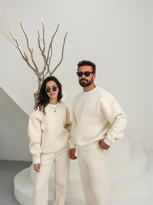 Eşofman TakımıBej 3 İplik B.Yaka Sweat Baggy Oversize Compak Alt Üst Takım SC
