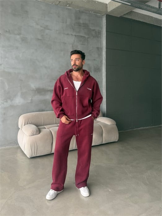 Bordo From Baskılı Yıkamalı Fırçalı 3 İplik Tam Zip Takım BRR 90106