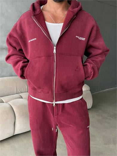 Bordo From Baskılı Yıkamalı Fırçalı 3 İplik Tam Zip Takım BRR 90106