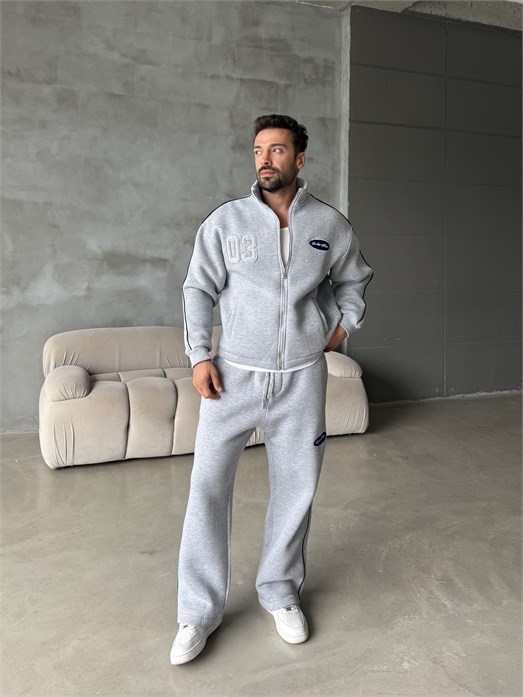 Gri Nakışlı Boxy Kalıp 3 İplik Fırçalı Takım BRR 90103