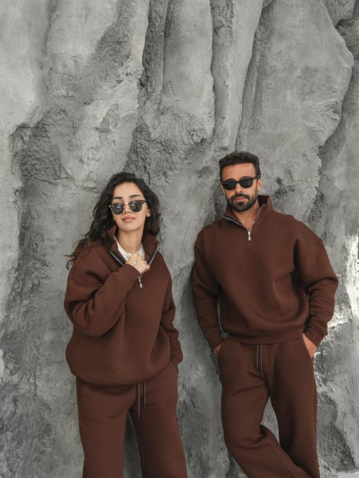 Kahve 3 İplik Yarım Fermuarlı Sweat Baggy Oversize Compak Alt Üst Takım SC