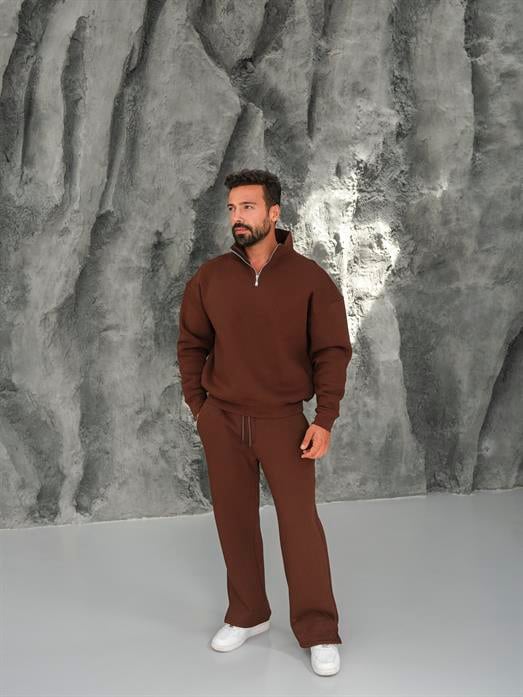 Kahve 3 İplik Yarım Fermuarlı Sweat Baggy Oversize Compak Alt Üst Takım SC