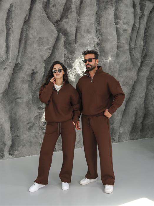 Kahve 3 İplik Yarım Fermuarlı Sweat Baggy Oversize Compak Alt Üst Takım SC