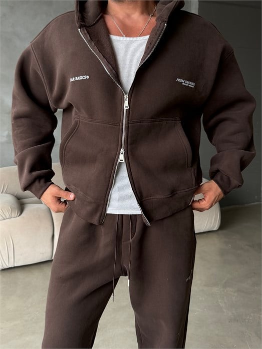 Kahve From Baskılı Yıkamalı Fırçalı 3 İplik Tam Zip Takım BRR 90106
