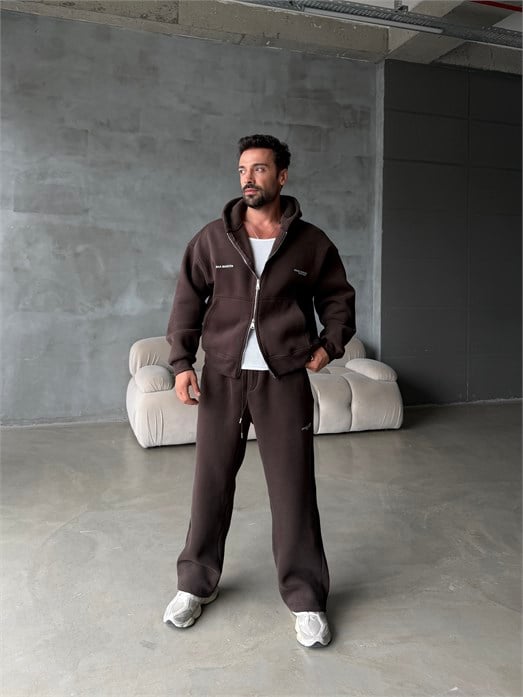 Kahve From Baskılı Yıkamalı Fırçalı 3 İplik Tam Zip Takım BRR 90106