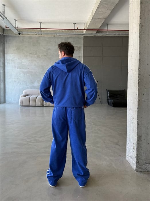 Saksmavi Şeritli Yumuşak Gabardin Çelik Fermuar Bol Takım NM