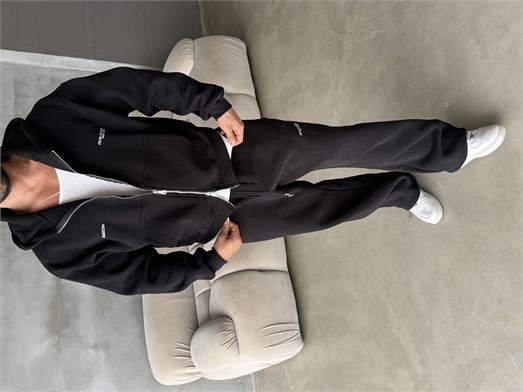 Siyah From Baskılı Yıkamalı Fırçalı 3 İplik Tam Zip Takım BRR 90106