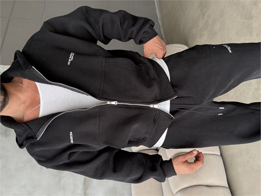 Siyah From Baskılı Yıkamalı Fırçalı 3 İplik Tam Zip Takım BRR 90106