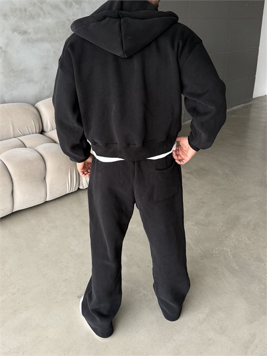 Siyah From Baskılı Yıkamalı Fırçalı 3 İplik Tam Zip Takım BRR 90106